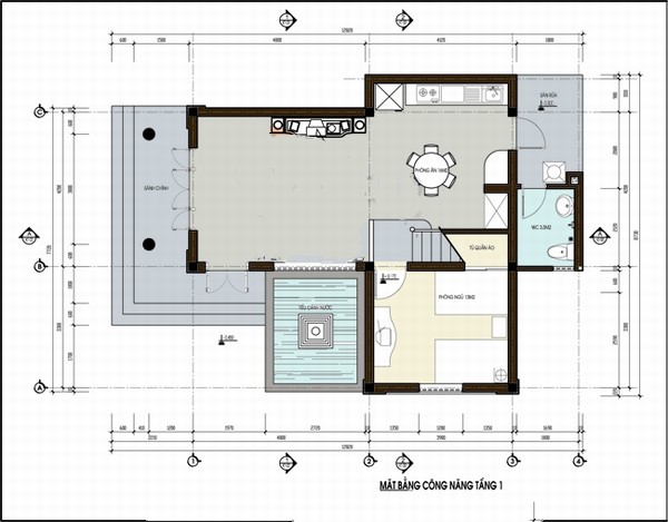 mặt bằng tầng 1 biệt thự 2 tầng 150m2