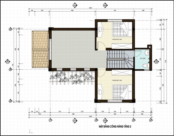 mặt bằng tầng 2 biệt thự 2 tầng 150m2